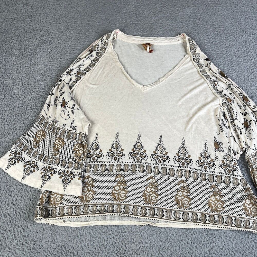 FREE PEOPLE  Blouse Womens Large Cream Gold Boho Bell Sleeve Print V Neck